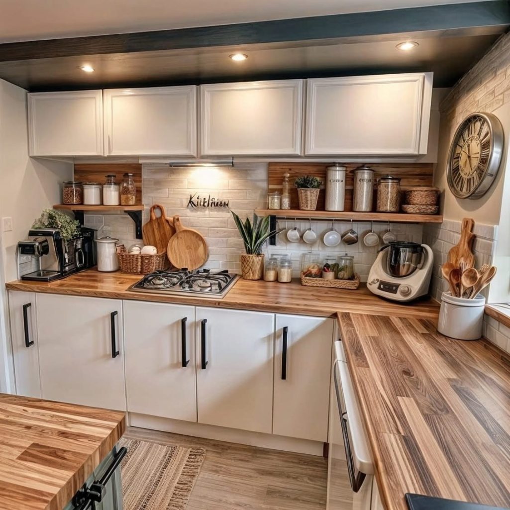 woodgrain worktops cream cupboards, modern style farmhouse style finish 