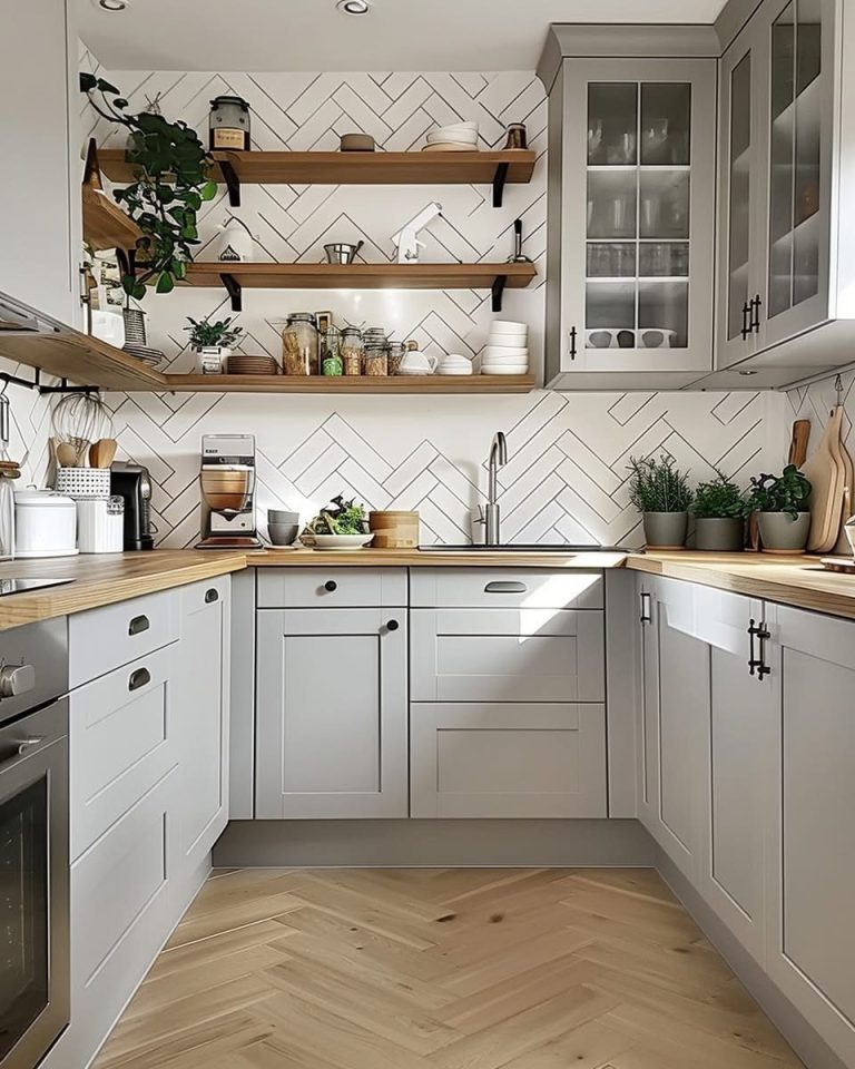 light and fresh feel, shaker style kitchen cream and wood worktop 