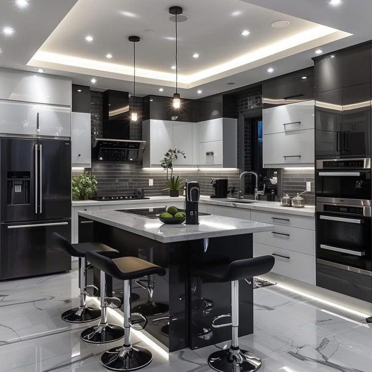 modern sleek finish, fresh glossy black and white flat panel kitchen 